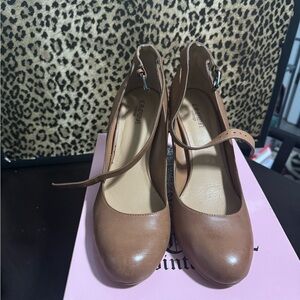 Crown Vintage Audrey Cognac Brown Leather Heels with Ankle Strap
